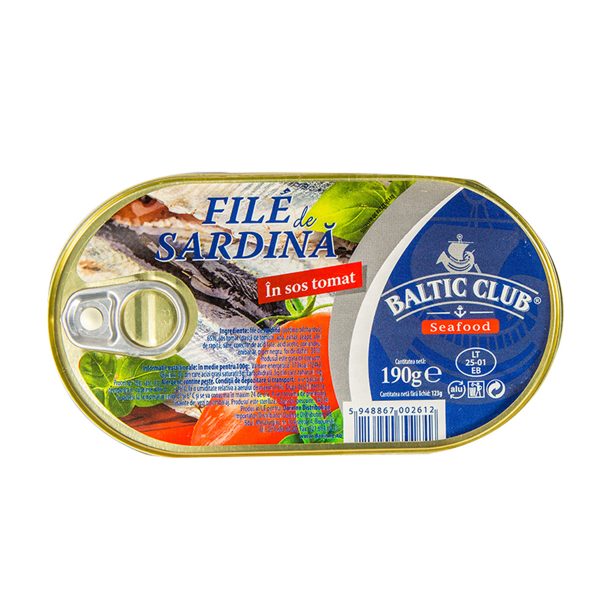 File de sardine în sos tomat Baltic Club, 190g