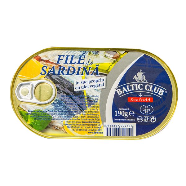 File de sardine în ulei vegetal Baltic Club, 190g